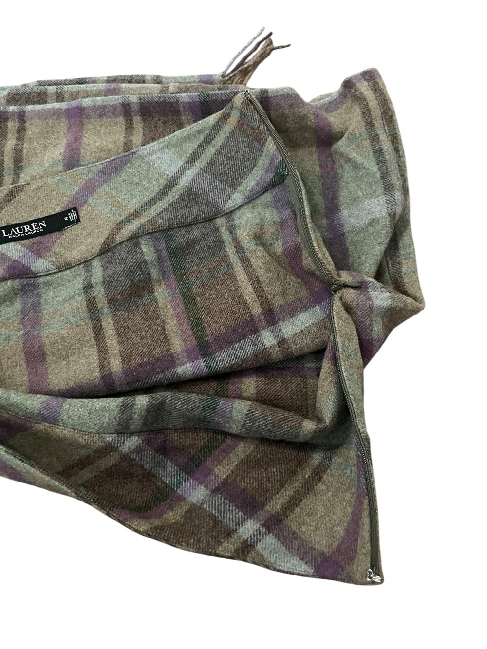 Lauren Ralph Lauren Plaid Fringe Trim Tweed Mini Skirt Buckles Sz 12 Wool Blend - Picture 9 of 15